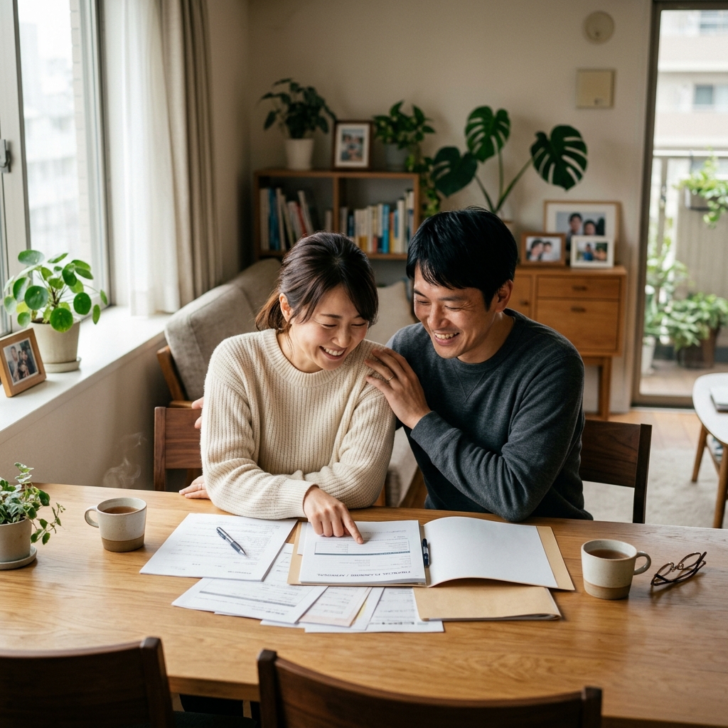 笑顔で書類を確認する日本人夫婦